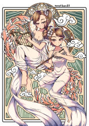 Rule 34 | 2girls, absurdres, art nouveau, artist name, asymmetrical bangs, barefoot, breasts, bright pupils, brown eyes, brown hair, cleavage, closed mouth, collarbone, commentary request, dress, flower, flower request, flute, futami ami, futami mami, green background, hair flower, hair ornament, halterneck, hands up, harp, highres, holding, holding instrument, huge filesize, idolmaster, idolmaster (classic), instrument, jaggy lines, light blush, looking at viewer, meatbandit, medium breasts, medium hair, mixed-language commentary, multiple girls, off-shoulder dress, off shoulder, short hair, siblings, side ponytail, smile, split mouth, tsurime, twins, white dress, white flower, white pupils, whorled clouds