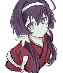 Rule 34 | 1girl, absurdres, blue eyes, blue hair, bungou stray dogs, closed mouth, flower, hair flower, hair ornament, hairband, highres, izumi kyouka (bungou stray dogs), japanese clothes, jellyfish sz, kimono, looking at viewer, low twintails, red kimono, simple background, smile, solo, twintails, upper body, white background, white flower, white hairband