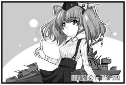 Rule 34 | 1girl, anchor hair ornament, artist name, atlanta (kancolle), breasts, commentary request, cowboy shot, dress shirt, earrings, garrison cap, greyscale, hair ornament, hat, high-waist skirt, inaba shiki, index finger raised, jewelry, kantai collection, long hair, long sleeves, looking at viewer, machinery, medium breasts, monochrome, shirt, skirt, solo, star (symbol), star earrings, suspender skirt, suspenders, two side up