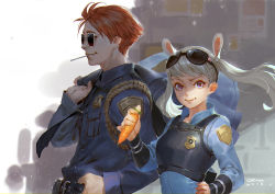 Rule 34 | 10s, 1boy, 1girl, 2016, animal ears, badge, belt, blue eyes, blue shirt, brown hair, carrot, collared shirt, disney, eyewear on head, floating hair, food, glasses, grey hair, hair ornament, hairclip, hand on own hip, height difference, holding, holding food, jacket, jacket over shoulder, unworn jacket, judy hopps, long sleeves, looking at viewer, looking away, necktie, nick wilde, personification, police, police uniform, policewoman, qmo (chalsoma), shirt, signature, smile, sunglasses, twintails, uniform, zootopia