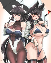 Rule 34 | 2girls, absurdres, animal ears, atago (azur lane), atago (stunning speedster) (azur lane), azur lane, bikini, black bikini, black hair, blush, bodysuit, bow, breasts, embarrassed, gloves, hey taisyou, highres, holding, holding umbrella, large breasts, long hair, looking at viewer, mole, mole under eye, multiple girls, navel, pantyhose, ponytail, race queen, ribbon, swimsuit, takao (azur lane), takao (full throttle charmer) (azur lane), thighhighs, umbrella, very long hair