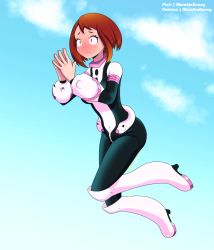 Rule 34 | 1girl, artist name, blue background, blue sky, blush, blush stickers, bob cut, bodysuit, boku no hero academia, boots, breasts, bright pupils, brown hair, closed mouth, cloud, constricted pupils, covered navel, day, embarrassed, english text, female focus, floating, full body, gradient background, green bodysuit, hands up, knee boots, knees together feet apart, long sleeves, marchinbunny, medium breasts, nose blush, outdoors, own hands together, patreon username, pee, peeing, peeing self, pixiv username, red eyes, short hair, sidelocks, simple background, sky, solo, steepled fingers, uraraka ochako, watermark, wet, wet clothes, white footwear, white pupils