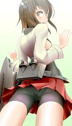 Rule 34 | 10s, 1girl, ass, bike shorts, blush, breasts, brown eyes, brown hair, from behind, headband, highres, ishikkoro, kantai collection, looking at viewer, open mouth, personification, short hair, sideboob, skirt, small breasts, solo, sweatdrop, taihou (kancolle)