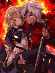 Rule 34 | 1boy, 1girl, 40 (0f0urw), absurdres, amakusa shirou (fate), armor, armored dress, black jacket, black pants, blonde hair, blood, blood from mouth, blood on face, blue dress, blue thighhighs, braid, braided ponytail, breasts, bruise, bruise on face, chain, dress, earrings, fate/apocrypha, fate (series), faulds, glowing, glowing eye, hair intakes, headpiece, highres, holding, holding sword, holding weapon, injury, jacket, jeanne d&#039;arc (fate), jeanne d&#039;arc (ruler) (fate), jewelry, katana, long hair, long sleeves, medium breasts, medium hair, pants, ponytail, short dress, silver hair, sword, thighhighs, very long hair, weapon, yellow eyes