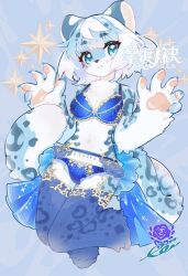 Rule 34 | 1girl, :&lt;, animal ears, animal hands, animal nose, artist name, bare shoulders, blue background, blue bra, blue eyes, blue panties, blue thighhighs, body fur, bra, breasts, claws, cleavage, closed mouth, crescent, female focus, frills, furry, furry female, garter belt, gold trim, grey fur, grey hair, hands up, japanese text, knees together feet apart, leopard ears, leopard girl, leopard tail, looking at viewer, medium breasts, multicolored fur, multicolored hair, navel, original, panties, pawpads, see-through, see-through legwear, signature, solo, spotted fur, star (symbol), stomach, tai tai kun, tail, thighhighs, translation request, twitter username, underwear, underwear only, watermark, white fur, white hair