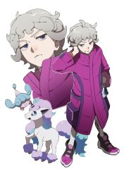 Rule 34 | 1boy, ahoge, bad id, bad twitter id, bede (pokemon), closed mouth, coat, creatures (company), curly hair, dynamax band, fqvrw6, galarian form, galarian ponyta, game freak, gen 8 pokemon, gloves, grey hair, half-closed eyes, hand on own hip, hatenna, highres, leggings, long sleeves, male focus, multiple views, nintendo, outline, pokemon, pokemon (creature), pokemon swsh, purple coat, shoes, short hair, simple background, single glove, standing, watch, white background, white legwear, wristwatch