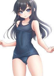 Rule 34 | 1girl, absurdres, asashio (kancolle), black hair, blue eyes, blue one-piece swimsuit, blush, collarbone, covered navel, cowboy shot, gluteal fold, highres, kantai collection, long hair, looking at viewer, makura (y makura), old school swimsuit, one-piece swimsuit, school swimsuit, simple background, smile, solo, swimsuit, white background