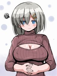 Rule 34 | 10s, 1girl, alternate costume, blue eyes, blush, breasts, cleavage, cleavage cutout, clothing cutout, covered erect nipples, hair ornament, hair over one eye, hairclip, hamakaze (kancolle), interlocked fingers, kantai collection, large breasts, meme attire, open-chest sweater, ribbed sweater, short hair, silver hair, solo, squiggle, sweatdrop, sweater, tsuzuri (tuzuri), turtleneck