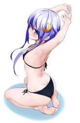 Rule 34 | 10s, 1girl, armpits, arms up, ass, barefoot, bikini, black bikini, blue eyes, blush, breasts, covered erect nipples, crescent, from behind, full body, kantai collection, long hair, looking back, plantar flexion, purple hair, ruuto (sorufu), seiza, shadow, short hair with long locks, side-tie bikini bottom, sitting, small breasts, soles, solo, stretching, swimsuit, toes, yayoi (kancolle)
