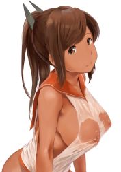 Rule 34 | 10s, 1girl, absurdres, alternate breast size, bad id, bad twitter id, breasts, brown eyes, brown hair, covered erect nipples, from side, highres, i-401 (kancolle), inactive account, kantai collection, large breasts, long hair, looking at viewer, ponytail, see-through, solo, tan, wa (genryusui)
