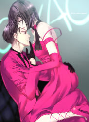 Rule 34 | 1boy, 1girl, bad id, bad pixiv id, black gloves, black shirt, breasts, brown eyes, brown hair, clenched teeth, collared shirt, couple, dress, elbow gloves, from side, gloves, half gloves, hand on another&#039;s ass, high heels, jacket, kneeling, levi (shingeki no kyojin), long dress, long sleeves, medium breasts, mikasa ackerman, off shoulder, open clothes, open jacket, pants, pink dress, pink footwear, pink gloves, pink jacket, pink neckwear, pink pants, pumps, sakuragawanaa, shingeki no kyojin, shirt, short hair, sitting, sleeveless, sleeveless dress, teeth, twitter username, wing collar