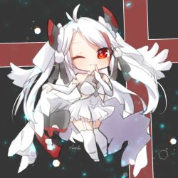 Rule 34 | 1girl, adapted costume, antenna hair, azur lane, bridal gauntlets, bridal veil, chibi, dress, elbow gloves, full body, garter straps, gloves, long hair, looking at viewer, multicolored hair, one eye closed, parted lips, prinz eugen (azur lane), prinz eugen (symphonic fate) (azur lane), red eyes, red hair, seele0907, skirt hold, solo, streaked hair, veil, white dress, white gloves, white hair