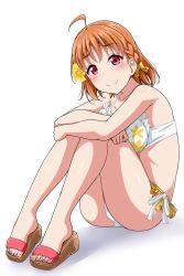 Rule 34 | 10s, 1girl, ahoge, bikini, blush, bow, braid, commentary request, crossed arms, elbows on knees, feet, flower, hair bow, hair flower, hair ornament, knees up, looking at viewer, love live!, love live! school idol festival, love live! sunshine!!, orange hair, red eyes, sandals, side braid, simple background, sitting, smile, solo, swimsuit, takami chika, toes, white background, yellow bow, yopparai oni