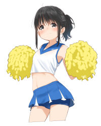 Rule 34 | 1girl, black eyes, black hair, blue shorts, blue skirt, blush, closed mouth, commentary, cowboy shot, crop top, cropped legs, english commentary, highres, looking at viewer, medium hair, midriff, navel, original, pleated skirt, pom pom (cheerleading), ponytail, retsumaru, shorts, shorts under skirt, simple background, skirt, smile, solo, split mouth, white background, yellow pom poms