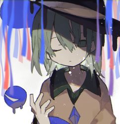 Rule 34 | 1girl, :|, black hat, blouse, buttons, closed mouth, commentary, diamond button, expressionless, eyebrows hidden by hair, frilled shirt collar, frills, green eyes, green hair, hair between eyes, hand up, hat, hatsushiro mamimu, highres, komeiji koishi, looking at viewer, medium hair, one eye closed, shirt, solo, third eye, touhou, upper body, yellow shirt