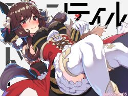 1girl animal_ears black_bow black_bowtie boris_(noborhys) bow bowtie braid braided_hair_rings brown_eyes brown_hair corset detached_sleeves ear_covers ear_ornament feet_out_of_frame gentildonna_(umamusume) gloves hair_between_eyes hair_bow hair_ornament hair_rings high_heels highres horse_ears horse_girl horse_tail layered_skirt long_hair looking_at_viewer puffy_detached_sleeves puffy_sleeves see-through_clothes sidelocks skirt smile solo tail thighhighs two-sided_fabric umamusume wavy_hair white_gloves white_thighhighs