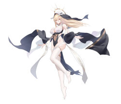 Rule 34 | 1girl, absurdres, azur lane, bare shoulders, blonde hair, breast cutout, breasts, cleavage, covered navel, fake horns, full body, habit, hair between eyes, halo, highres, horns, implacable (azur lane), large breasts, live (mfwa7572), long hair, looking at viewer, mechanical halo, no panties, nun, pelvic curtain, revealing clothes, see-through, simple background, solo, thighhighs, two-tone dress, white background, white horns, white thighhighs
