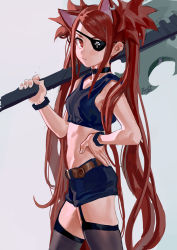 Rule 34 | 1girl, animal ears, artist name, bare arms, bare shoulders, belt, black choker, blue shorts, breasts, brown belt, cat ears, choker, commentary, cowboy shot, crop top, earrings, electric guitar, eyepatch, fkey, garter straps, grey background, grey thighhighs, guitar, hand on own hip, highres, holding, holding instrument, instrument, jewelry, long hair, looking at viewer, midriff, original, red eyes, red hair, short shorts, shorts, signature, simple background, skull print, small breasts, solo, standing, stomach, thighhighs, thighs, twintails, very long hair