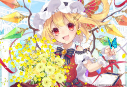 Rule 34 | 1girl, blonde hair, blue background, bouquet, bug, butterfly, butterfly hair ornament, fangs, fingernails, flandre scarlet, flower, hair ornament, hairpin, hat, hat ribbon, head tilt, insect, long hair, looking at viewer, mob cap, open mouth, pointy ears, red eyes, red skirt, ribbon, skirt, skirt set, smile, solo, touhou, toutenkou, vest, white hat, wings, wrist cuffs