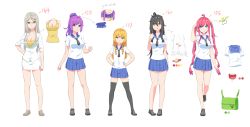 Rule 34 | &gt;:), 5girls, alice (wet.elephant), bag, bare shoulders, black footwear, black hair, black legwear, black neckwear, blazer, blonde hair, blue choker, blue eyes, blue sailor collar, blue skirt, breasts, character name, character sheet, cheng yuan mei, choker, cleavage, clenched hand, closed mouth, color guide, dr. white (wet.elephant), drill hair, english text, frilled choker, frills, full body, glasses, green eyes, grey footwear, hair ornament, hairclip, hand on own hip, hands on own hips, height chart, highres, huai diao me, jacket, lineup, loafers, long hair, looking at viewer, medium breasts, messy hair, miniskirt, multiple girls, necktie, original, parted lips, pencil skirt, pink hair, pleated skirt, ponytail, purple hair, sailor collar, school uniform, serafuku, shirt, shoes, short sleeves, silver hair, skirt, smirk, smug, standing, tank top, thighhighs, twin drills, twintails, variations, very long hair, wet.elephant, white background, white jacket, white shirt, white skirt, xiao you, yellow eyes, zettai ryouiki