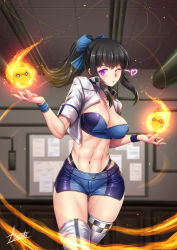 Rule 34 | 1girl, abs, adsouto, asymmetrical legwear, bandeau, black hair, blowing kiss, blue bandeau, blue bow, blue shorts, bow, breasts, cleavage, collarbone, covered erect nipples, cowboy shot, cropped jacket, en&#039;en no shouboutai, fire, fireball, gluteal fold, hair between eyes, hair ribbon, heart, highleg, highleg panties, highres, indoors, jacket, large breasts, long hair, looking at viewer, maki oze, midriff, mismatched legwear, muscular, muscular female, navel, one eye closed, panties, ponytail, puckered lips, purple eyes, race queen, ribbon, short shorts, short sleeves, shorts, side slit, sidelocks, signature, solo, spirit, standing, thigh gap, underwear, w arms, white jacket, white legwear, wristband