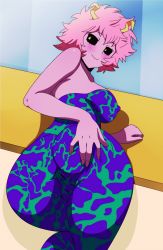 Rule 34 | 10s, 1girl, absurdres, anus, artist request, ashido mina, ass, bare shoulders, black sclera, bodypaint, boku no hero academia, breasts, cameltoe, colored sclera, colored skin, cowboy shot, eyebrows, from behind, highres, horns, leaning forward, looking back, nude, painted clothes, pink hair, pink skin, presenting, public indecency, short hair, skin tight, smile, solo, source request, spread ass, yellow eyes