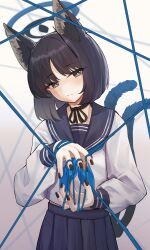 Rule 34 | 1girl, absurdres, animal ears, black dress, black hair, black nails, black sailor collar, black skirt, blue archive, blue halo, blue neckerchief, blush, cat&#039;s cradle, cat ears, cat tail, closed mouth, dress, fingernails, halo, highres, kikyou (blue archive), looking at viewer, multiple tails, nail polish, neckerchief, pleated skirt, ricke 2002, sailor collar, school uniform, serafuku, short hair, skirt, solo, tail, two tails