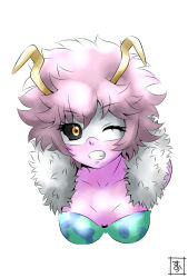 Rule 34 | 10s, 1girl, ashido mina, black sclera, boku no hero academia, breasts, colored sclera, colored skin, grin, horns, medium breasts, one eye closed, pink hair, pink skin, portrait, s-now, short hair, signature, simple background, smile, solo, white background, yellow eyes