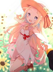 Rule 34 | 1girl, absurdres, beatrice (re:zero), blonde hair, blue eyes, boots, bug, butterfly, butterfly-shaped pupils, commission, dress, flower, flower hat, grass, hat, highres, holding hands, insect, leg up, long hair, looking at viewer, natsuki subaru, open mouth, pale skin, pointing, re:zero kara hajimeru isekai seikatsu, ribbon, smile, sun hat, sundress, sunflower, symbol-shaped pupils, white dress, zerobarto