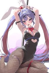 Rule 34 | 1girl, ace (playing card), ace of hearts, animal ears, armpits, arms up, between breasts, black leotard, blue eyes, blue hair, blunt bangs, blush, bound, bound wrists, bow, bowtie, breasts, card, clothing cutout, cowlick, cuffs, cutout above navel, detached collar, detached sleeves, double-parted bangs, fake animal ears, fishnet pantyhose, fishnets, hair intakes, hair ornament, hair spread out, hairband, handcuffs, hatsune miku, heart, heart cutout, highres, leotard, long hair, looking at viewer, medium breasts, multicolored hair, o-ring, o-ring thigh strap, open mouth, pantyhose, pink hair, playing card, pole, rabbit ears, rabbit hole (vocaloid), red bow, red bowtie, rkin, round teeth, solo, stripper pole, teardrop facial mark, teeth, thigh strap, twintails, two-tone hair, underbust, upper teeth only, very long hair, vocaloid, white hairband, x hair ornament