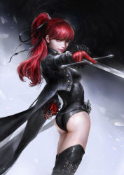 Rule 34 | 1girl, ass, black jacket, black leotard, black thighhighs, chain belt, coattails, commentary, cropped jacket, english commentary, female focus, frilled sleeves, frills, gloves, hair ribbon, highres, holding, holding sword, holding weapon, jacket, leotard, looking at viewer, matching hair/eyes, persona, persona 5, persona 5 the royal, pointing sword, pointing weapon, ponytail, red eyes, red gloves, red hair, ribbon, solo, sword, thedurianart, thighhighs, weapon, yoshizawa kasumi