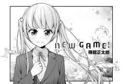 Rule 34 | 1girl, blazer, blunt bangs, clenched hand, commentary request, feathers, flower, greyscale, hair flower, hair ornament, highres, jacket, long hair, looking at viewer, monochrome, neck ribbon, new game!, official art, ribbon, solo, suzukaze aoba, tokunou shoutarou, twintails, upper body