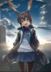Rule 34 | 1girl, :d, amiya (arknights), animal ear fluff, animal ears, arknights, arms behind back, backlighting, black jacket, blue eyes, blue skirt, blue sky, brown hair, chou oji, cloud, commentary request, cowboy shot, dawn, hair between eyes, highres, jacket, long hair, long sleeves, looking at viewer, open clothes, open mouth, outdoors, pantyhose, plaid, plaid skirt, rabbit ears, rabbit girl, shirt, sidelocks, skirt, sky, smile, solo, standing, sunrise, white shirt