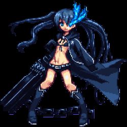 Rule 34 | 10s, 1girl, arm cannon, belt, bikini, bikini top only, black hair, black rock shooter, black rock shooter (character), blue eyes, boots, chain, female focus, flat chest, front-tie top, full body, gloves, glowing, glowing eyes, hood, jacket, knee boots, long hair, lowres, midriff, niino, pixel art, scar, short shorts, shorts, solo, star (symbol), swimsuit, transparent background, twintails, uneven twintails, very long hair, weapon, zipper