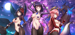 Rule 34 | 3girls, absurdres, adsouto, animal ears, arms up, artist name, bird mask, bird wings, black hair, black wings, blush, braid, breasts, cherry blossoms, cherry tree, commentary, cowboy shot, detached collar, electricity, english commentary, feathered wings, fishnet legwear, fishnets, flower, fox ears, fox shadow puppet, fox tail, frown, full moon, genshin impact, glowing feather, glowing flower, grin, hair flower, hair ornament, hair tie, hand on own hip, headpiece, heart pasties, highres, kujou sara, long hair, looking at viewer, low-braided long hair, low-tied long hair, mask, mask on head, medium breasts, medium hair, meme attire, mole, mole under eye, moon, multiple girls, navel, night, outdoors, parted lips, pasties, pink hair, purple eyes, purple flower, purple hair, raiden shogun, revealing clothes, reverse bunnysuit, reverse outfit, shiny clothes, shrug (clothing), signature, smile, tail, tree, very long hair, wings, wrist cuffs, yae miko, yellow eyes
