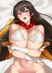 Rule 34 | 1girl, asakura kukuri, bare shoulders, bead necklace, beads, bikini, breasts, bridal gauntlets, brown hair, cleavage, detached sleeves, fate/grand order, fate (series), hair between eyes, highres, jewelry, large breasts, long hair, looking at viewer, lying, navel, necklace, off shoulder, on back, open mouth, prayer beads, purple eyes, swimsuit, white bikini, xuangzang sanzang (fate)