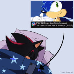 artist_name asmr closed_eyes earbuds earphones furry furry_male green_eyes highres male_focus nenemyun pillow shadow_the_hedgehog sleeping sonic_(series) sonic_battle sonic_the_hedgehog sonic_x thumbs_up under_covers