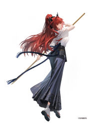 Rule 34 | 1girl, absurdres, ash arms, black horns, blue hakama, character request, commentary request, fighting stance, from behind, full body, hair intakes, hakama, hakama pants, high ponytail, highres, holding, holding staff, horns, japanese clothes, long hair, orange eyes, pants, red hair, renlili, rope, shirt, slippers, socks, solo, staff, uwagi, white background, white shirt, white socks