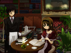 Rule 34 | 1boy, 1girl, bad id, bad pixiv id, book, brown hair, butler, candle, gloves, green eyes, hairband, hoihoisan2, monocle, monocle chain, open book, plant, pocket watch, reading, tea, watch