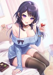 Rule 34 | 1girl, bad id, bad pixiv id, bed, black choker, black thighhighs, blue sweater, breasts, candy, chocolate, chocolate heart, choker, cleavage, collarbone, food, gomashio ponz, hair ornament, hairclip, heart, indoors, large breasts, long sleeves, looking at viewer, on bed, open mouth, original, purple eyes, purple hair, sitting, smile, stuffed animal, stuffed toy, sweater, teddy bear, thighhighs
