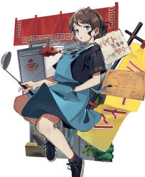 Rule 34 | 1girl, apron, bag, black footwear, blue apron, blue eyes, buttons, commentary request, ear piercing, earrings, hair ornament, hand in pocket, highres, holding, holding ladle, jewelry, ladle, looking at viewer, medium hair, original, piercing, red bag, red socks, shio (s alt shio), shoelaces, shoes, short sleeves, sidelocks, simple background, sneakers, socks, solo, tongue, tongue out, translation request, white background, x hair ornament