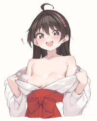 Rule 34 | !, 1girl, :d, absurdres, ahoge, bad anatomy, black hair, bow, breasts, cloba, collarbone, commentary request, grey background, hairband, highres, japanese clothes, kimono, looking at viewer, medium breasts, miko, mochizuki ayako, nige jouzu no wakagimi, obi, open mouth, pink hairband, sash, simple background, smile, solo, sweat, sweatdrop, white kimono