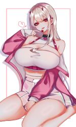 Rule 34 | 1girl, bare shoulders, black collar, blonde hair, breasts, candy, choker, cleavage, collar, crop top, food, goddess of victory: nikke, hair intakes, hat iue, heart, heart collar, highres, holding candy, holding food, holding lollipop, holographic clothing, horns, jacket, large breasts, lollipop, long hair, off-shoulder jacket, off shoulder, pink horns, pink jacket, pleated skirt, red eyes, sitting, skirt, solo, viper (nikke), white skirt