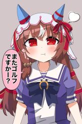 Rule 34 | 1girl, animal ears, annoyed, blush, breasts, brown hair, closed mouth, collarbone, commentary request, grey background, hair between eyes, hair ornament, highres, horse ears, horse girl, looking at viewer, mugimugi1234, pout, red eyes, ribbon, school uniform, simple background, solo, still in love (umamusume), tracen school uniform, translation request, umamusume