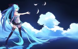 Rule 34 | 1girl, black skirt, black thighhighs, blue eyes, blue hair, blue necktie, blush, chiroru (cheese-roll), feathers, hair ribbon, hatsune miku, highres, long hair, looking away, necktie, open mouth, pink ribbon, ribbon, skirt, smile, solo, thighhighs, tie clip, twintails, vocaloid