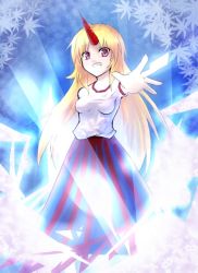 Rule 34 | 1girl, ayagi daifuku, bad id, bad pixiv id, blonde hair, female focus, grin, horns, hoshiguma yuugi, leaf, long hair, no nose, outstretched arm, outstretched hand, pink eyes, skirt, smile, solo, touhou