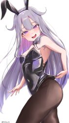 Rule 34 | 1girl, absurdres, adjusting clothes, animal ear hairband, areola slip, ass, black bow, black bowtie, black pantyhose, blush, bow, bowtie, breasts, colored inner hair, covered navel, detached collar, grey hair, hair flowing over, highres, hololive, hololive english, koseki bijou, leotard, long hair, multicolored hair, open mouth, pantyhose, playboy bunny, purple eyes, purple nails, rabbit ear hairband, rabbit ears, simple background, small breasts, solo, sweat, takoroki, twitter username, very long hair, virtual youtuber, white background