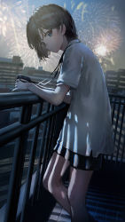 Rule 34 | 1girl, absurdres, against railing, balcony, black hair, black shorts, blue eyes, camera, cityscape, closed mouth, commentary, feet out of frame, fireworks, highres, hirooriginals, holding, holding camera, looking at viewer, medium hair, night, original, outdoors, railing, shirt, short sleeves, shorts, solo, symbol-only commentary, white shirt