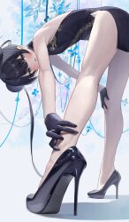 Rule 34 | 1girl, absurdres, bare legs, bent over, black dress, black footwear, black gloves, black hair, blue archive, china dress, chinese clothes, dragon print, dress, duplicate, from below, from side, gloves, grey eyes, grey halo, halo, hidulume, high heels, highres, kisaki (blue archive), kneepits, legs, print dress, solo, thighs