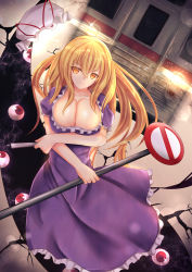 Rule 34 | 1girl, blonde hair, breast rest, breasts, cleavage, collarbone, crack, cracked glass, cracked wall, dress, electricity, folded fan, folding fan, frilled dress, frills, gap (touhou), hand fan, hat, unworn hat, hat ribbon, unworn headwear, highres, large breasts, lens flare, light particles, light trail, long hair, looking at viewer, mob cap, purple dress, red eyes, ribbon, shiny skin, sign, sinkai, smile, solo, touhou, train, very long hair, yakumo yukari, yellow eyes